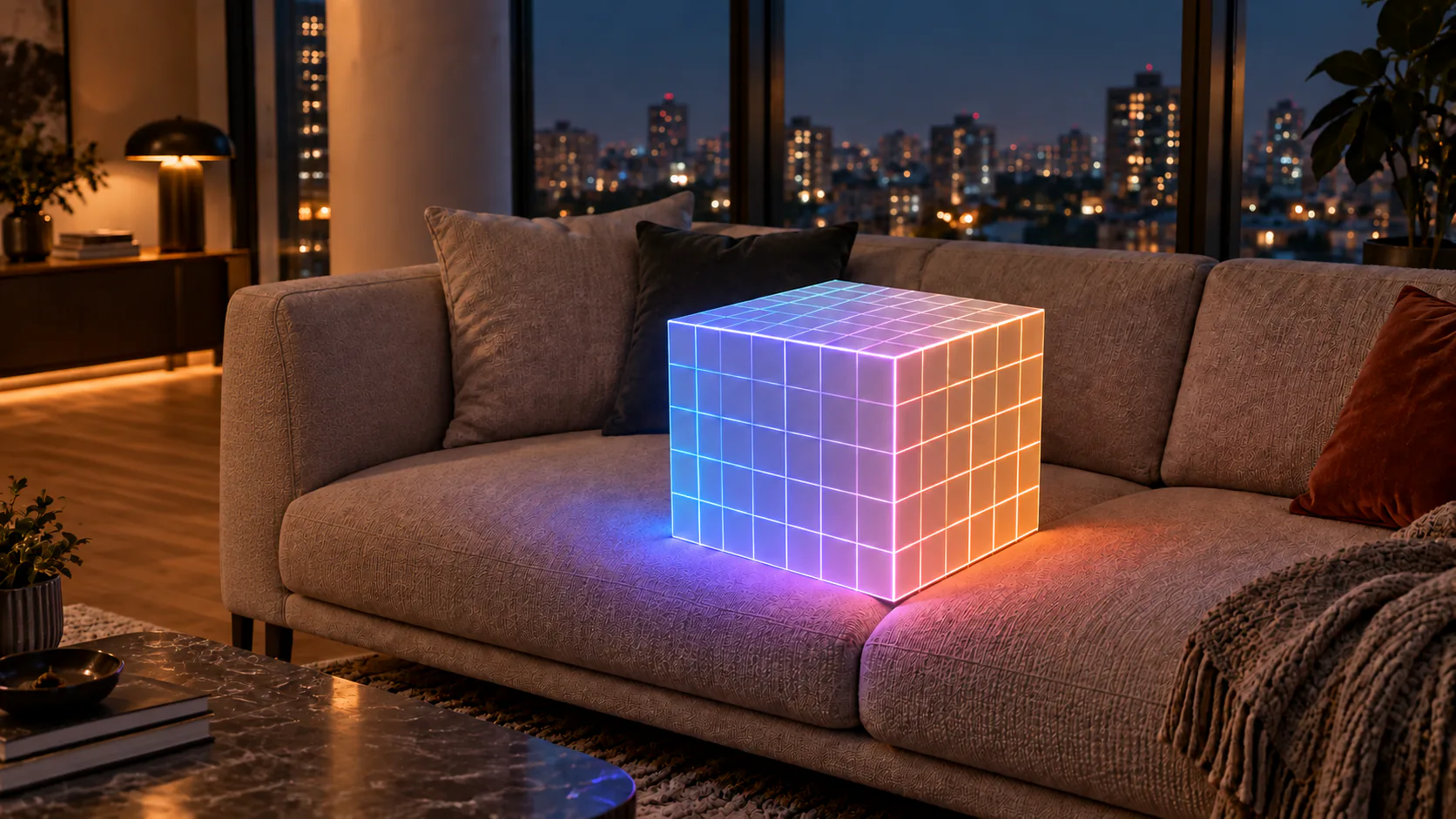 A colorful projected grid mapped onto a sculptural cube in a living room